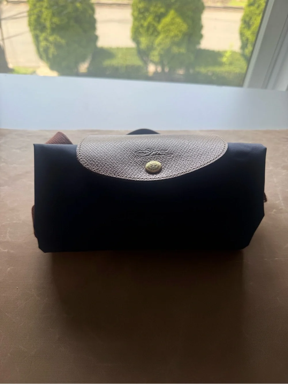 Longchamp Navy Nylon Backpack with Brown Leather Flap